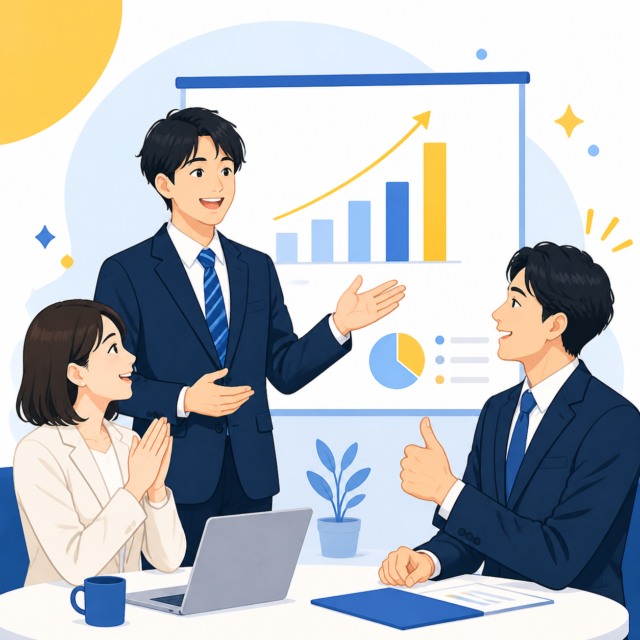 仕事の成果を発表し、周囲から評価される様子