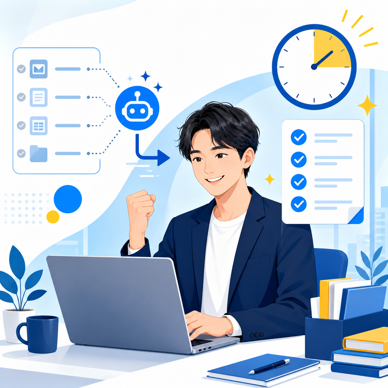 AIで作業を自動化し、仕事を早く終わらせる様子